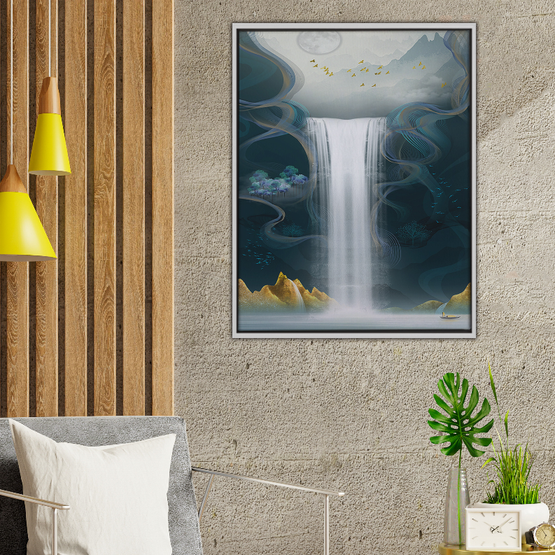 Framed waterfall art print with blue water, rocks, and misty clouds