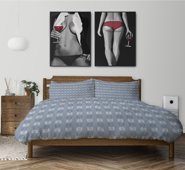 Blue duvet cover set with repeating arrow pattern, includes matching pillow covers