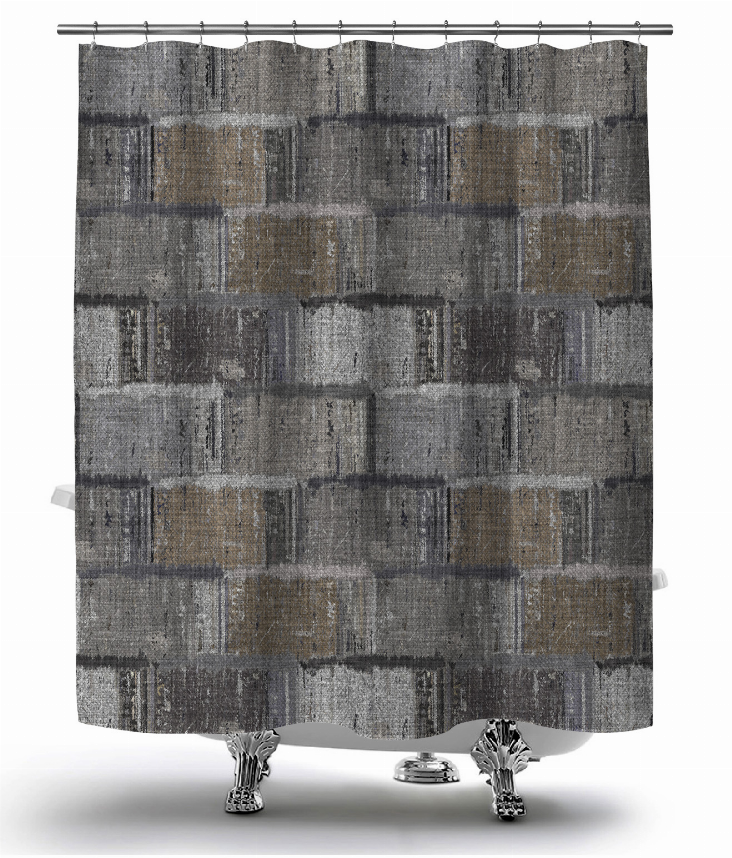 Gray and tan textured block-pattern shower curtain with metal grommets