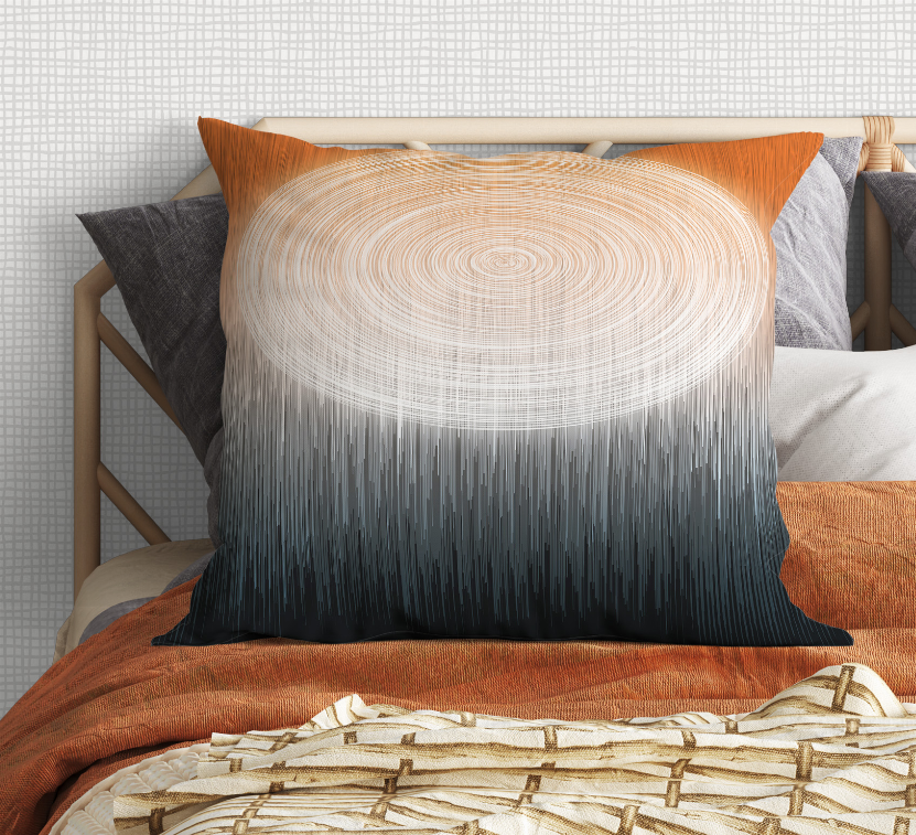 Square decorative pillow with concentric swirl lines, light beige to dark blue gradient