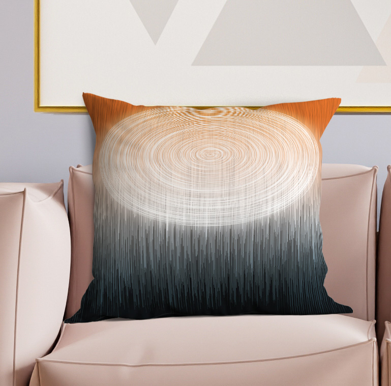 Square gradient decorative pillow with concentric ring swirl from beige top to navy bottom