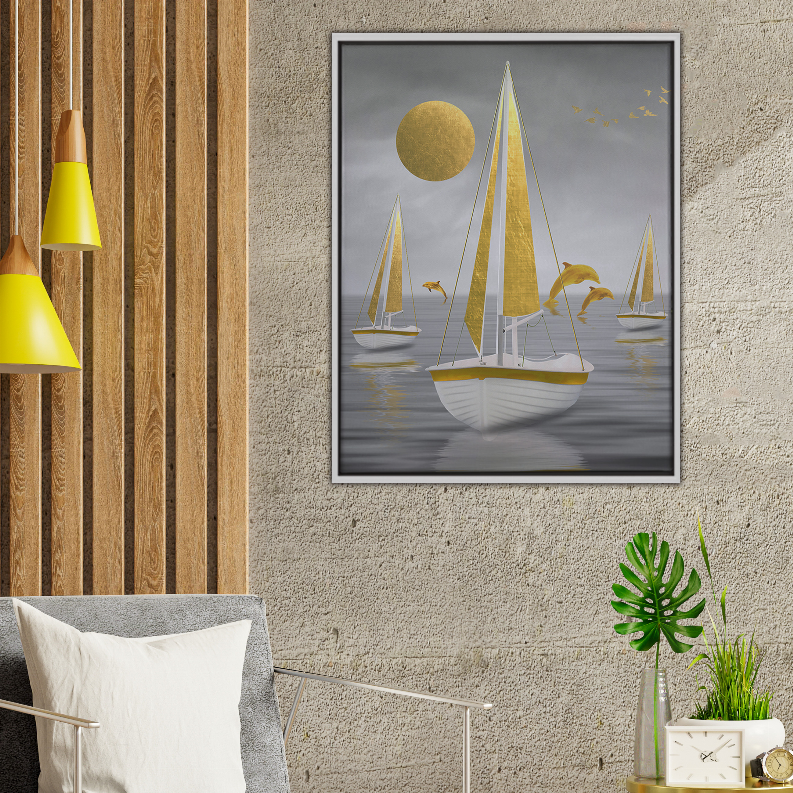 Framed sailboat art print with gold moon and birds, gray sea, black frame