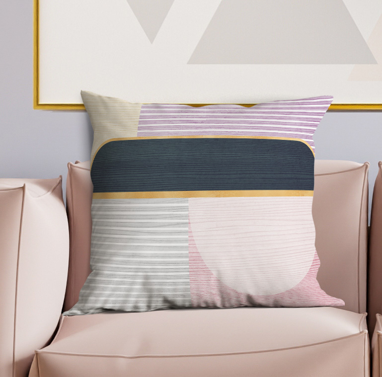 Multi-color striped square pillow with navy blue band and curved light patch