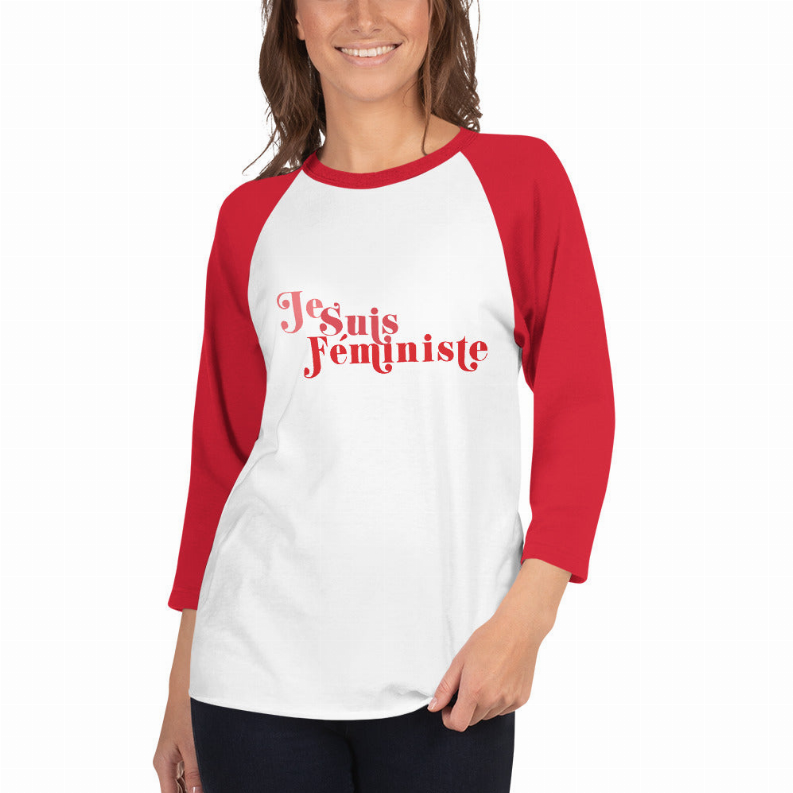 Raglan ringer t-shirt, red sleeves and white body, 'Je Suis Feministe' front print