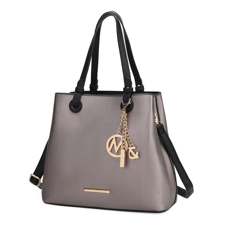 Pewter pebbled tote bag with black handles and logo charm, adjustable shoulder strap