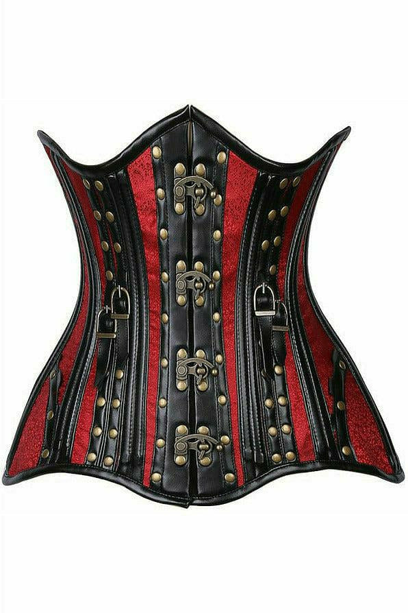 Red and black under-bust corset with steel boning and gold grommet trim