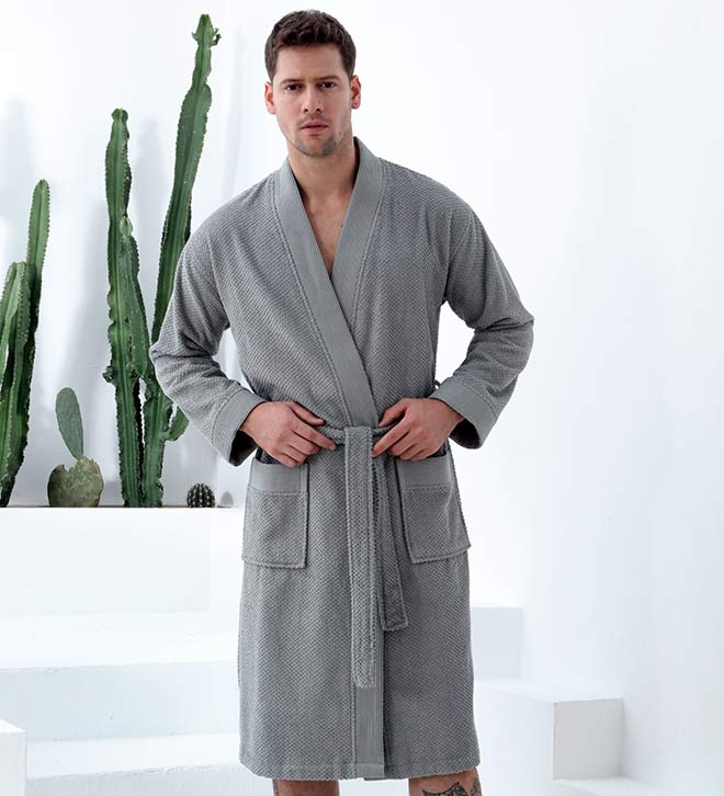 Men's terry kimono bathrobe in light gray with tie belt and two front patch pockets