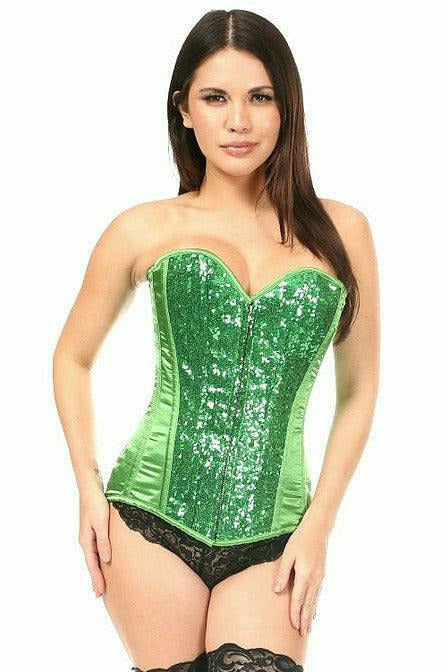 Green strapless corset with glitter sequins and black lace hem, front view