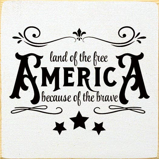 Decorative square wall print with ornate "land of the free" America text and stars