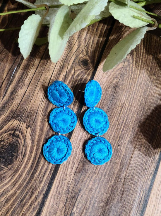 Blue triple-circle pom drop earrings, dangling cluster of fabric circles