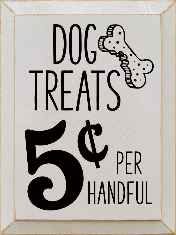 Dog treats 5¢ per handful label with dog bone icon