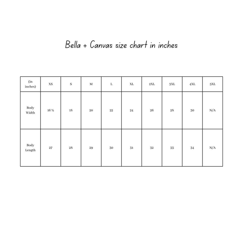 T-shirt size chart table with body width and length in inches