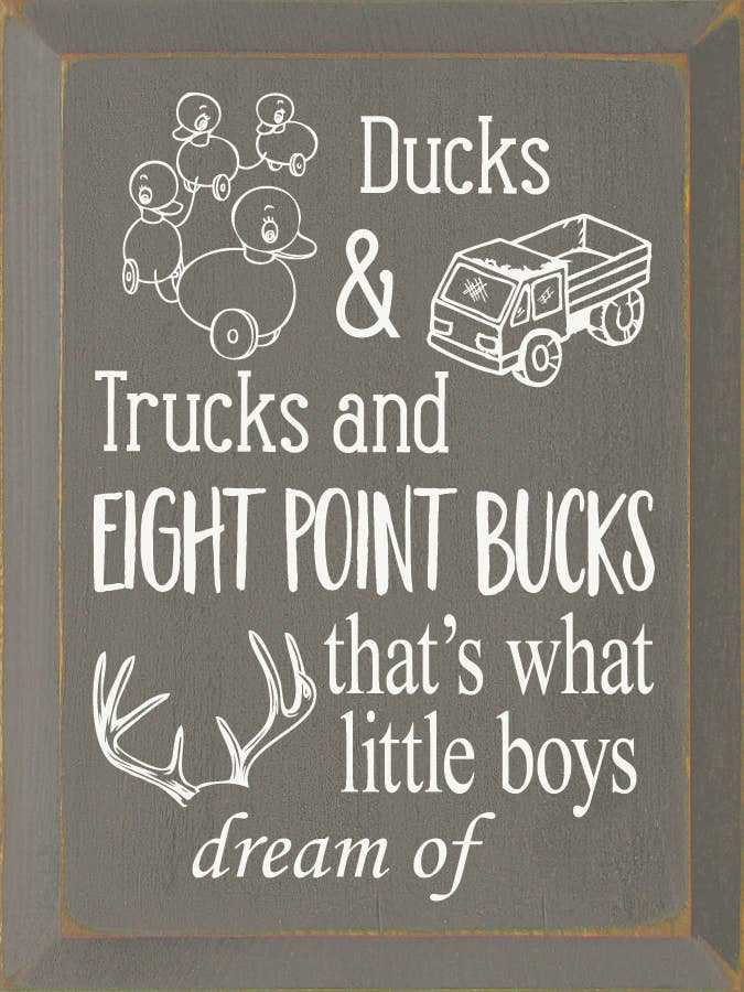 Framed chalkboard wall art with white typography: Ducks & Trucks and Eight Point Bucks