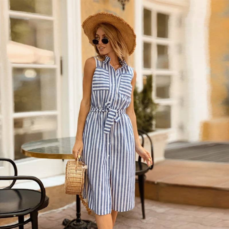 Sleeveless blue-and-white striped dress with ruffled collar, button front, waist tie belt