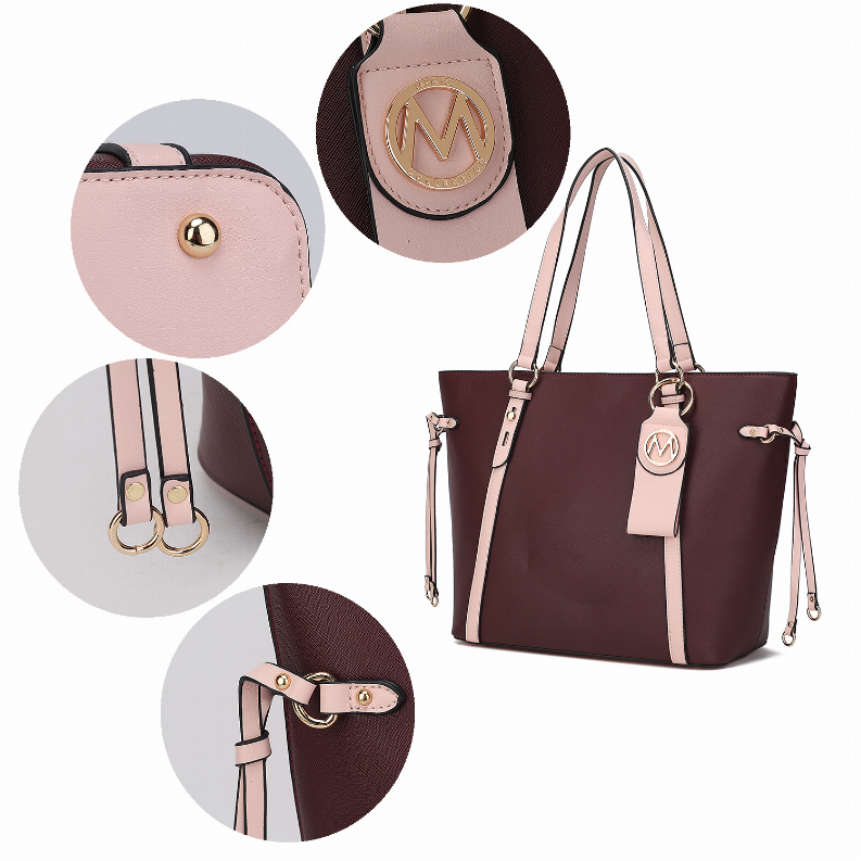 Maroon tote with beige trim detail: snap button, adjustable straps, and gold M logo accents