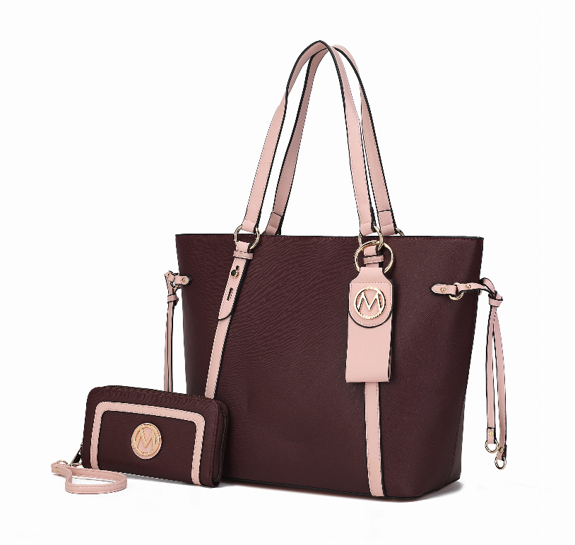 Maroon leather-look tote with beige stripes, detachable zip wallet and key-ring, long shoulder strap