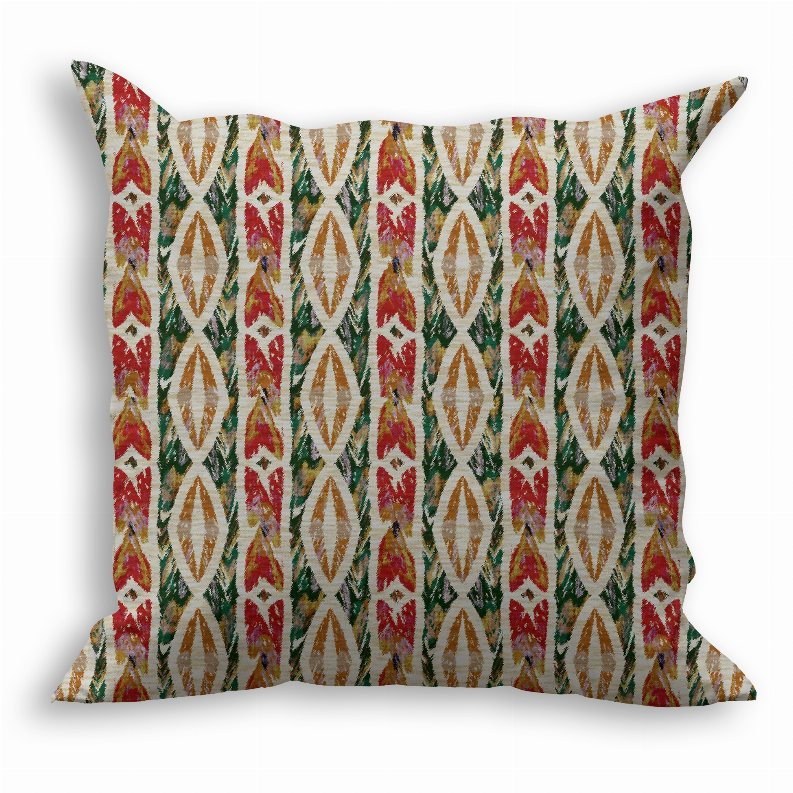 Multicolor throw pillow with repeating geometric fan pattern in red, green, and tan.