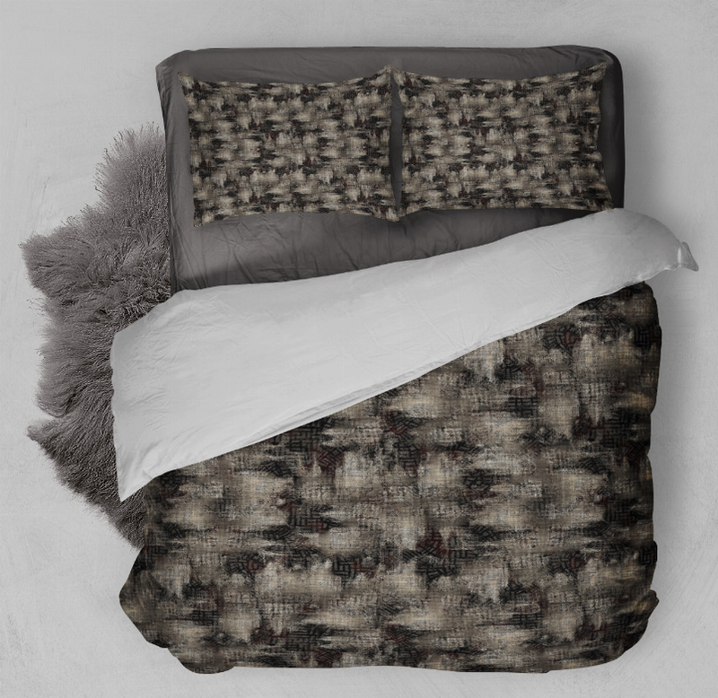 Gray abstract comforter set with two shams and duvet top covering with folded corner