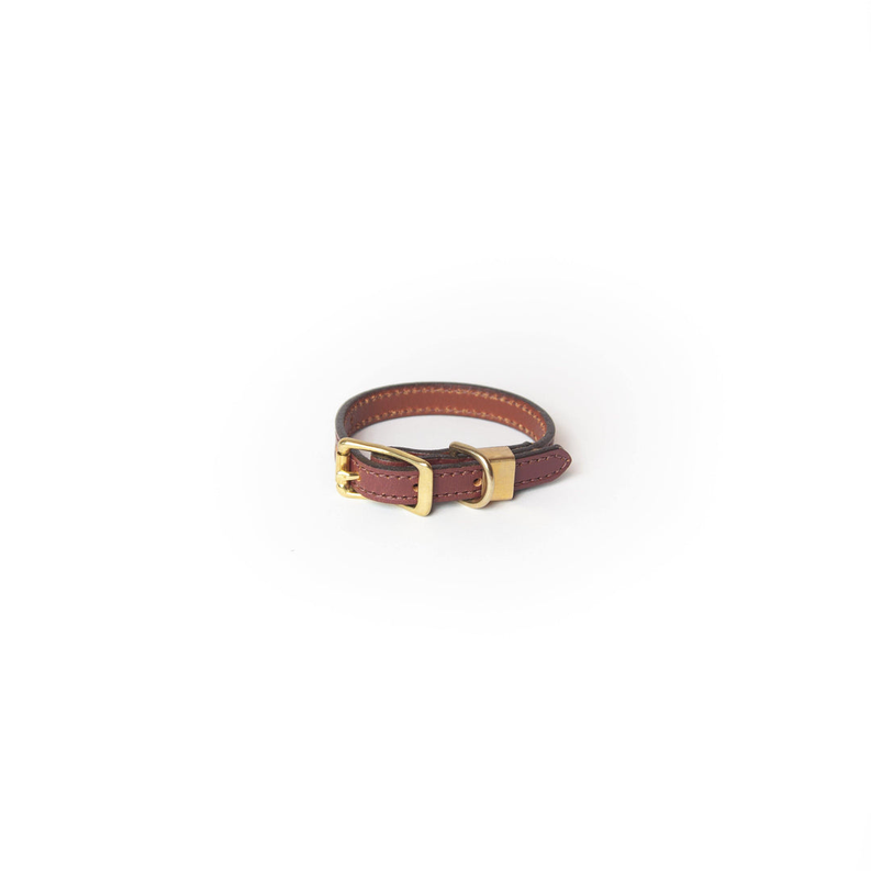 Chestnut full-grain leather dog collar with brass buckle and decorative stitching