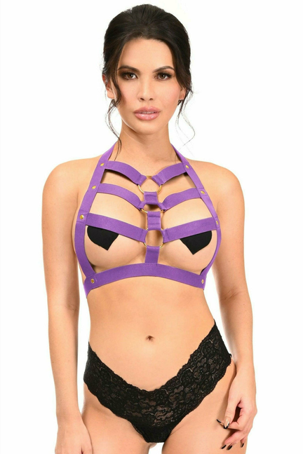 Purple strappy body harness with metal rings across chest and shoulders, adjustable bands