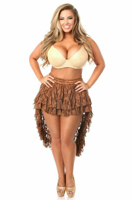 Brown lace high-low mini skirt with tiered ruffles and scalloped lace trim