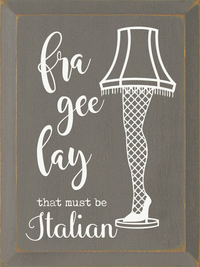 Chalk-style lingerie-themed wall sign with stocking and Italian text