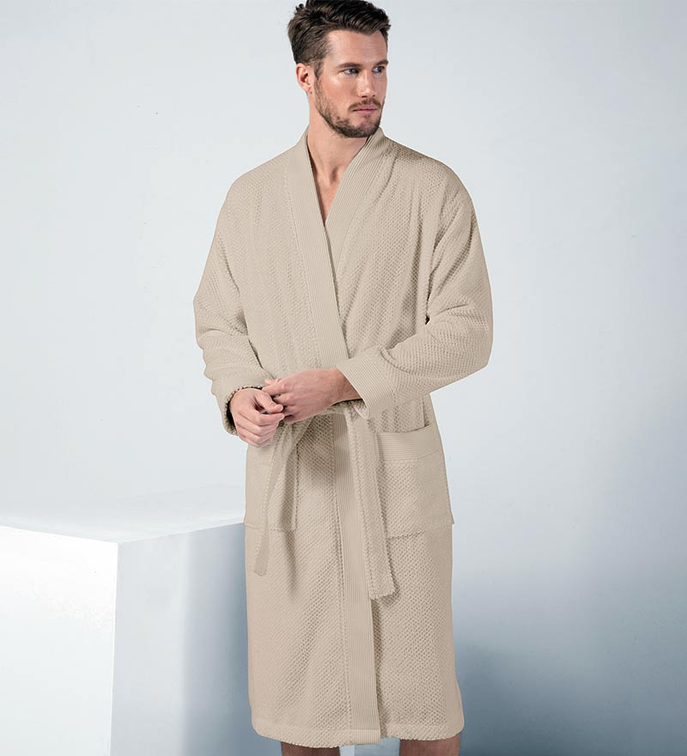 Men's beige terry kimono bathrobe with shawl collar and belt tie
