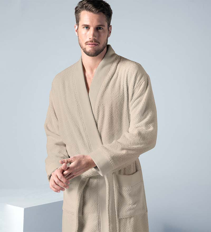 Men's beige terry kimono bathrobe with shawl collar and belt tie detail