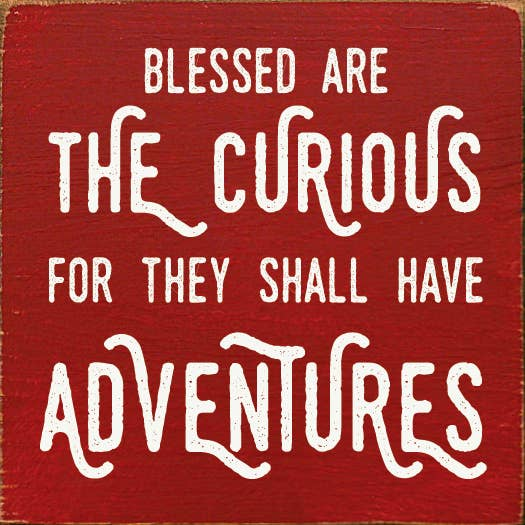 Red quote wall art with white typographic text: Blessed are the curious, adventures