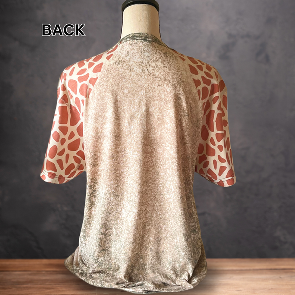 Gold glitter T-shirt with giraffe-print sleeves, back view