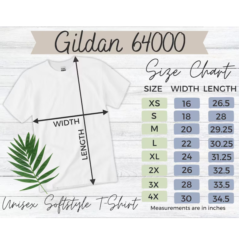 White unisex softstyle t-shirt size chart diagram with width and length