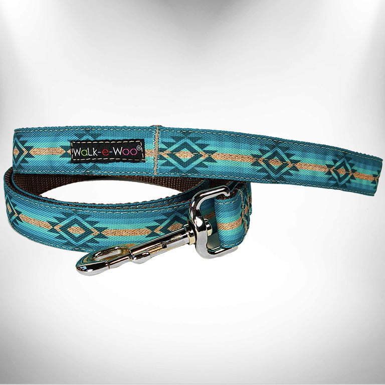 RaDog dog leash with teal geometric pattern and metal swivel clasp