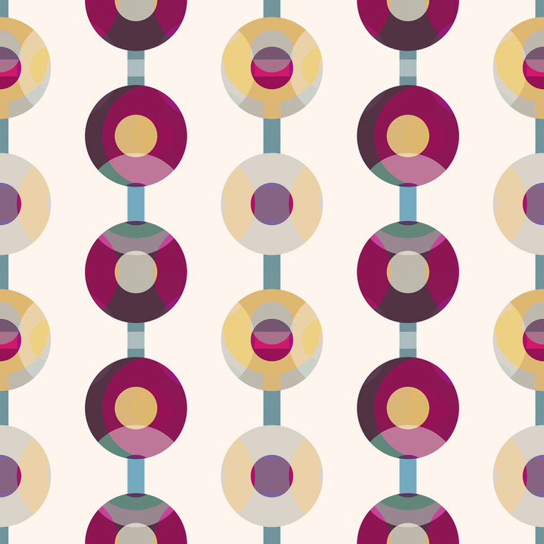 Wallpaper pattern close-up: repeating linked circles and rings in purple, teal, gold, maroon