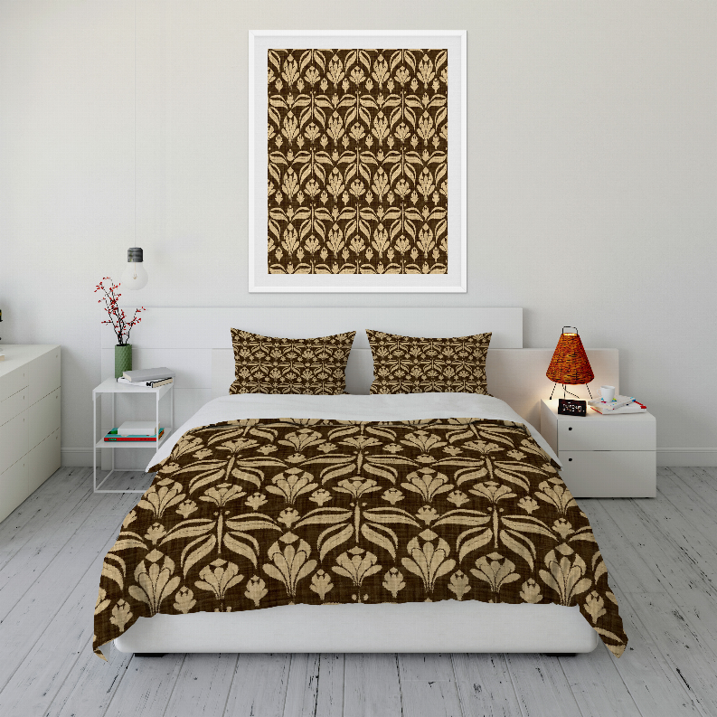 Brown and gold damask duvet cover set with bed cover and two pillows