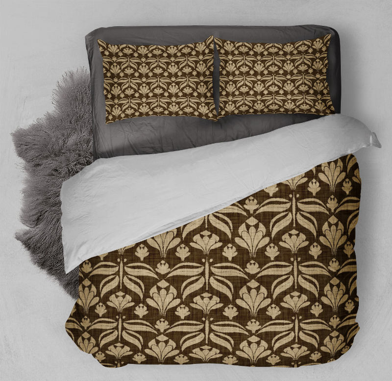 Brown and gold damask duvet cover set with two matching pillows