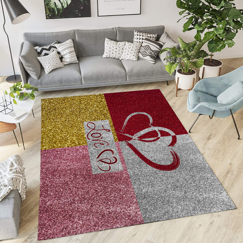 Multi-color low pile carpet with red, gray, gold, and burgundy patchwork and heart design