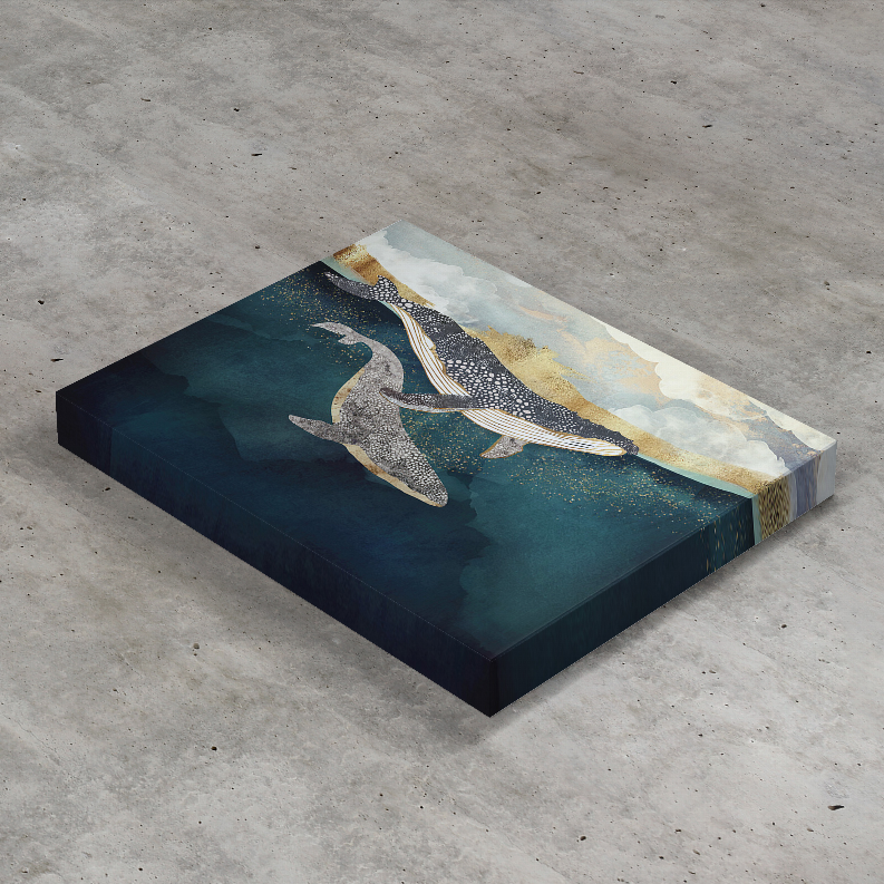 Teal whale art print panel with two gray whales and speckled detail