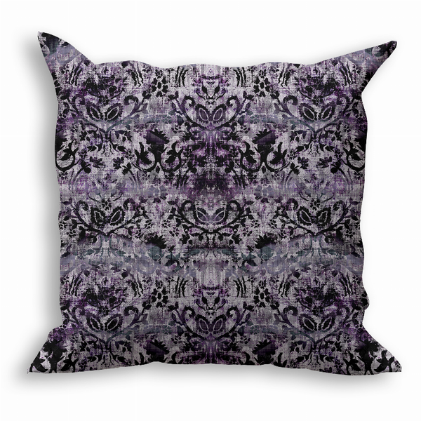 Purple damask throw pillow with dark ornamental pattern, square cover
