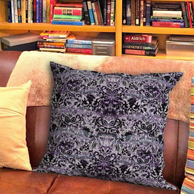 Purple patterned throw pillow, dark damask ornament print, centered view