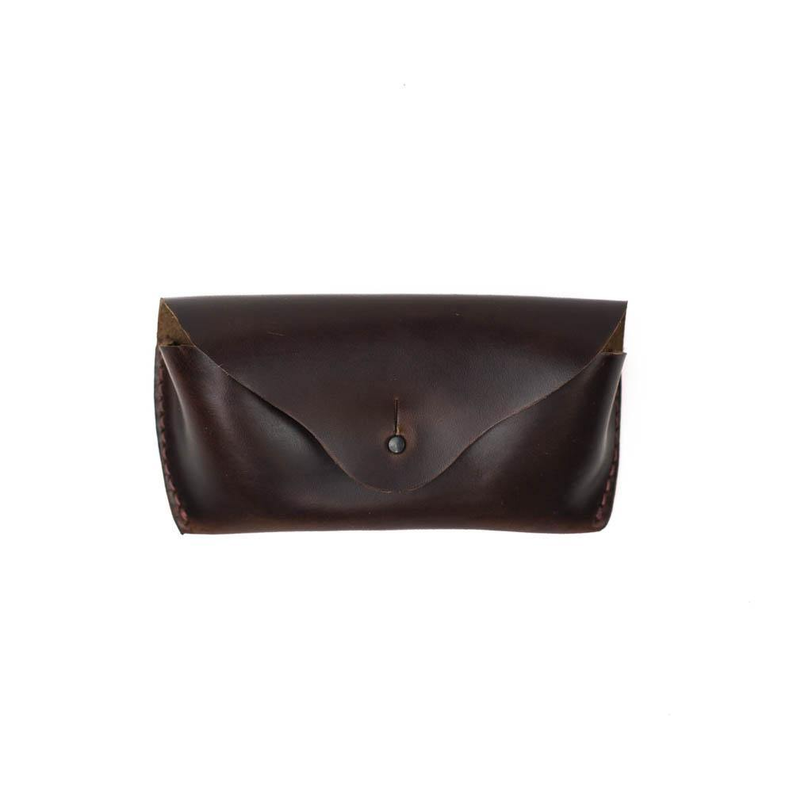 Brown leather sunglasses case with snap button front flap