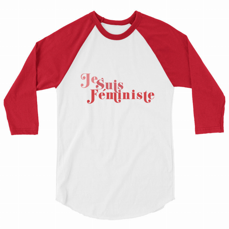 Raglan ringer T-shirt, red sleeves and white body, 'Je Suis Feministe' print