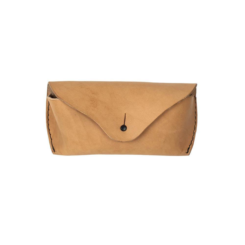 Tan leather sunglasses case with clasp and front snap button