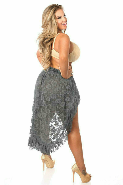 Dark gray lace high-low skirt with scalloped lace panels and dangling fringe