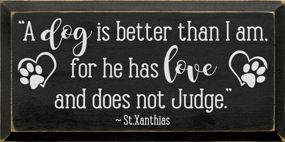 Wood sign with black script quote: "A dog is better than I am"