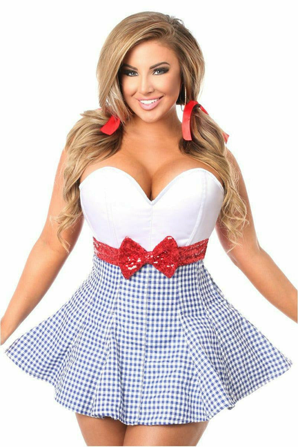 Corset dress front view with white sweetheart bodice, red bow, and blue gingham skater skirt