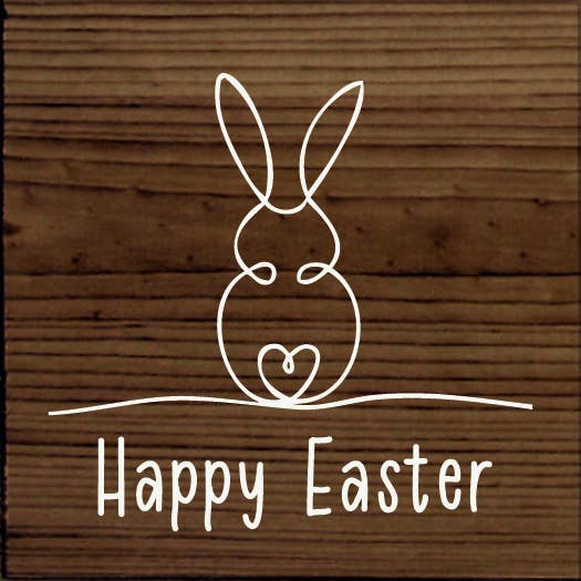 Happy Easter wooden sign with white outline bunny and Happy Easter text on wood