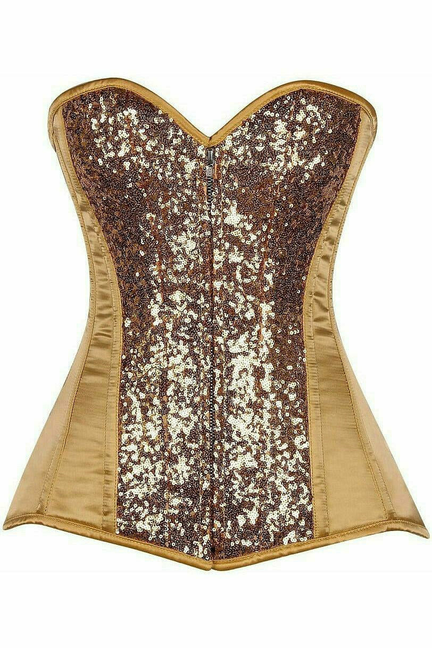 Front view gold sequin steel-boned corset with pointed side panels