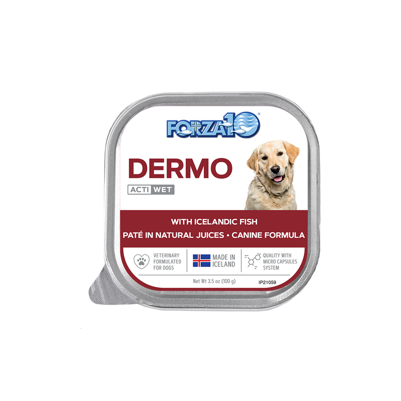 Forza10 Dermo Acti Wet canned dog food tray with Icelandic fish label for dogs