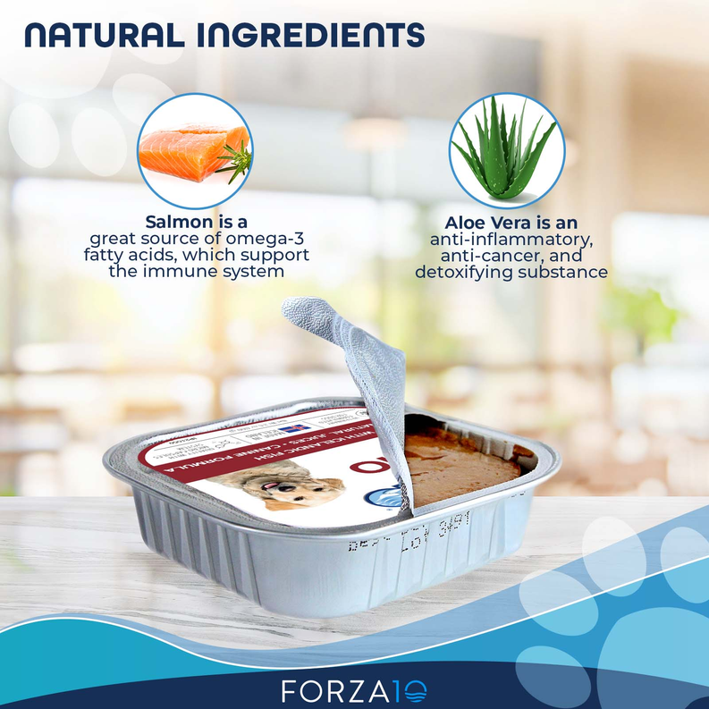 Forza10 ActiWet Dermo canned dog food natural ingredients panel with salmon and aloe
