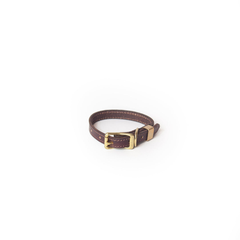 Hand-dyed burgundy full-grain leather dog collar with brass buckle and stitched edges